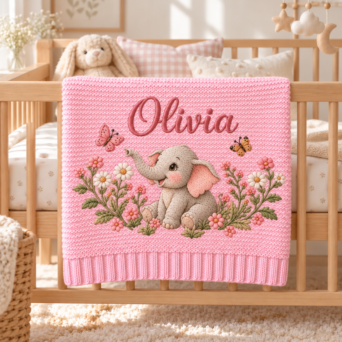 Custom Baby Blanket Embroidered Elephant Floral Butterfly Name Knitted Nursery Swaddle