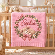 Custom Baby Blanket Embroidered Bunny Wreath Floral Name Knitted Nursery Swaddle