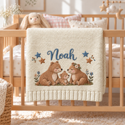 Custom Baby Blanket Embroidered Bear Family Stars Name Knitted Nursery Swaddle Wrap