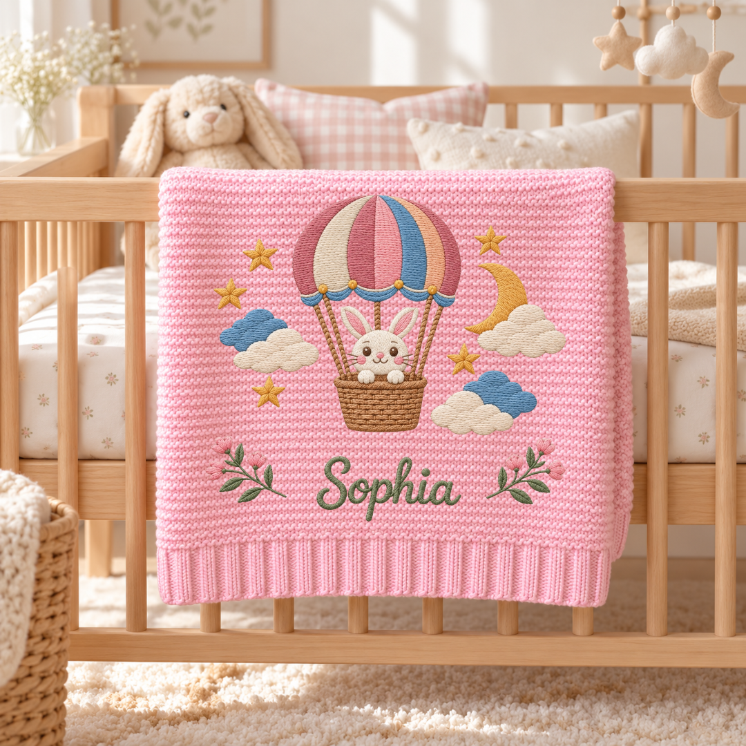 Custom Baby Blanket Embroidered Bunny Hot Air Balloon Name Knitted Nursery Swaddle