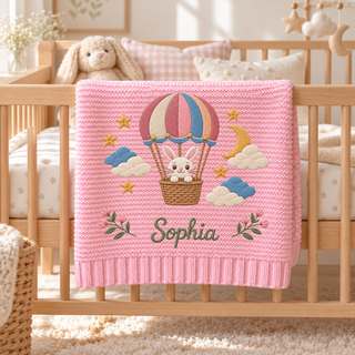 Custom Baby Blanket Embroidered Bunny Hot Air Balloon Name Knitted Nursery Swaddle
