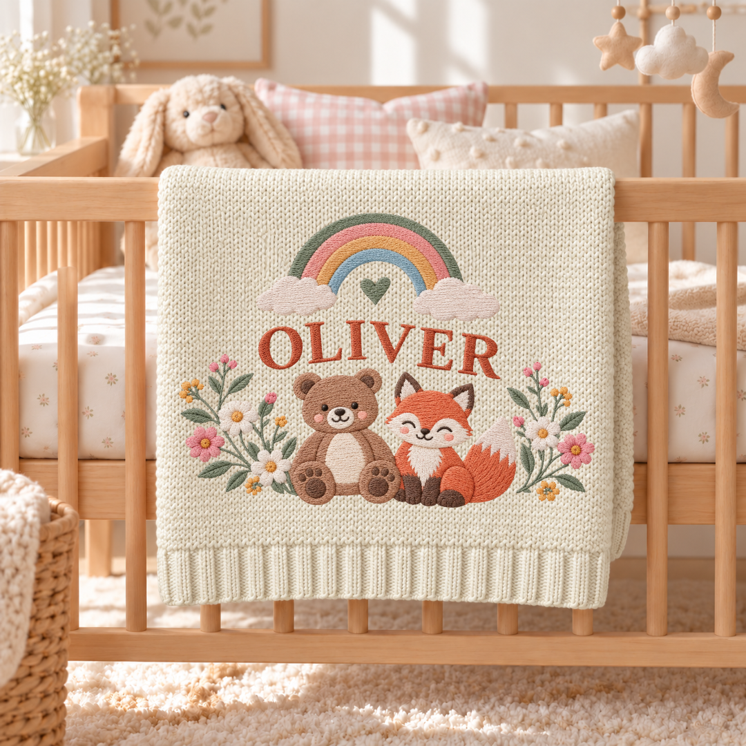 Custom Baby Blanket Embroidered Bear Fox Rainbow Floral Name Knitted Nursery Swaddle