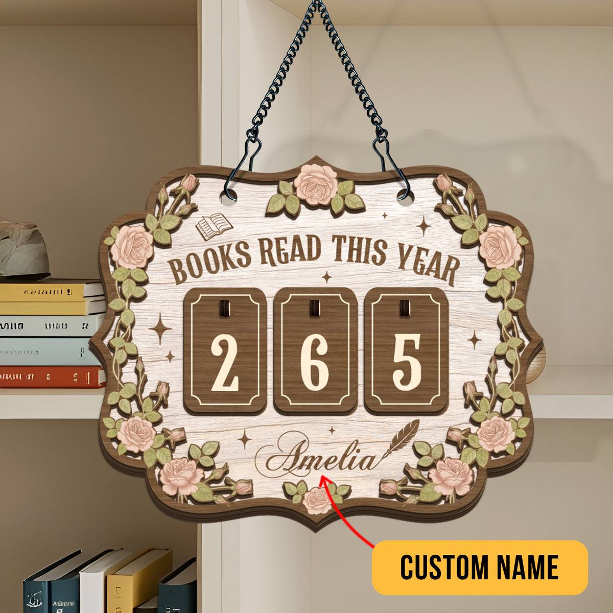 Custom Book Tracker Sign Personalized Pink Rose Vine Books Read This Year Hanging Decor