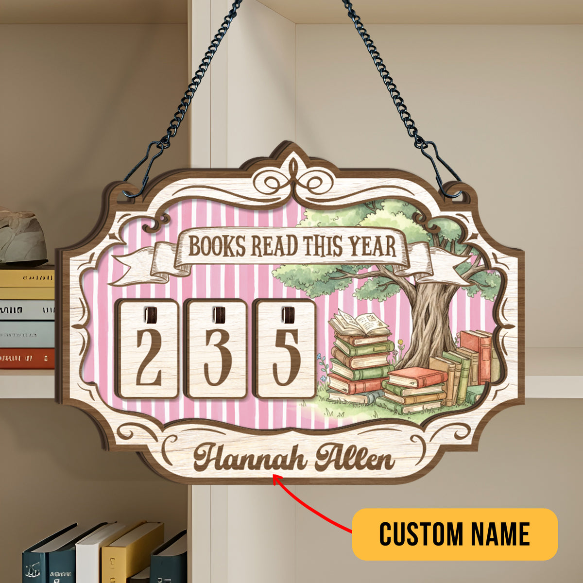 Custom Book Tracker Sign Personalized Pink Stripes Tree Books Read This Year Decor