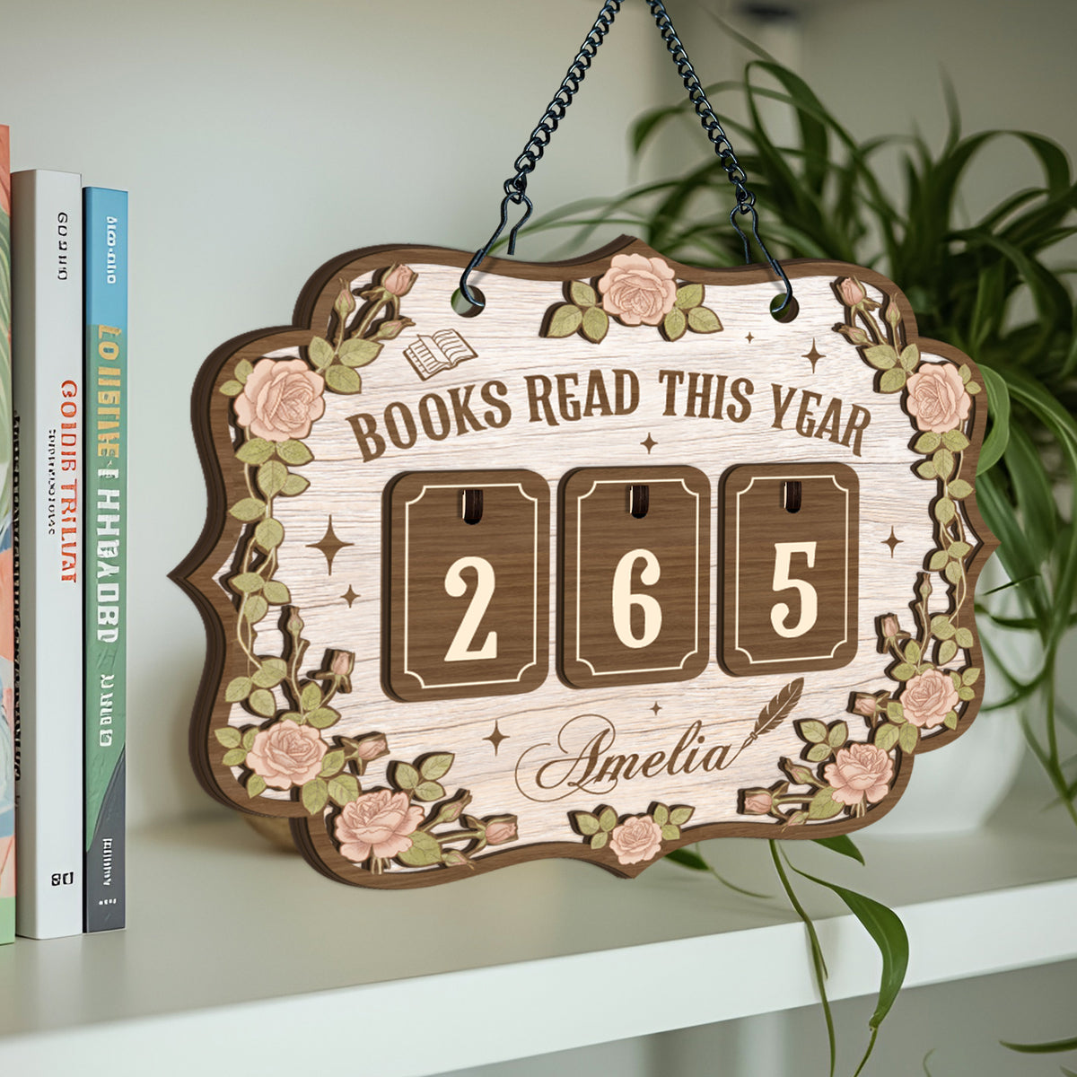 Custom Book Tracker Sign Personalized Pink Rose Vine Books Read This Year Hanging Decor