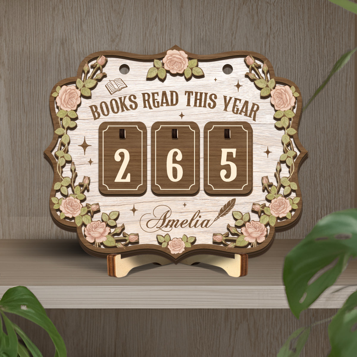 Custom Book Tracker Sign Personalized Pink Rose Vine Books Read This Year Hanging Decor