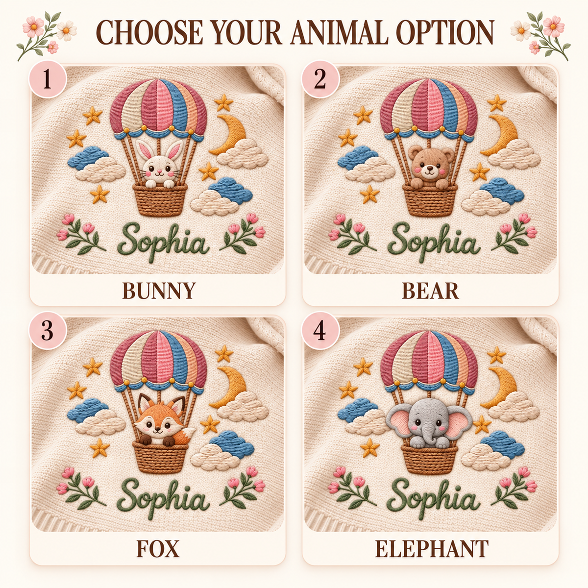Custom Baby Blanket Embroidered Bunny Hot Air Balloon Name Knitted Nursery Swaddle