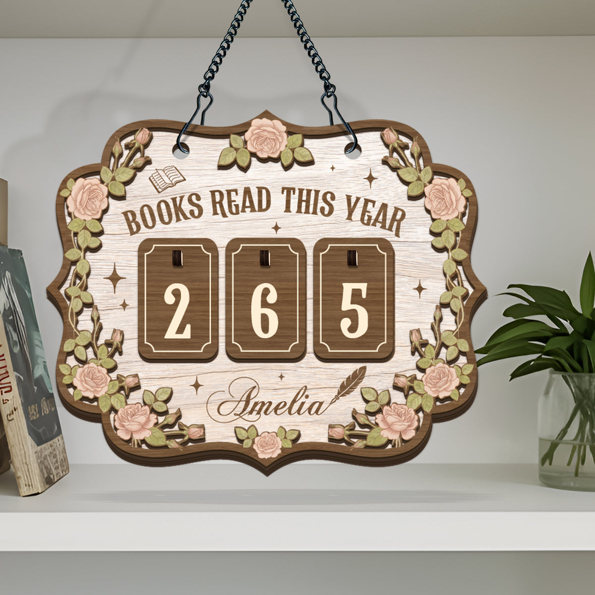 Custom Book Tracker Sign Personalized Pink Rose Vine Books Read This Year Hanging Decor