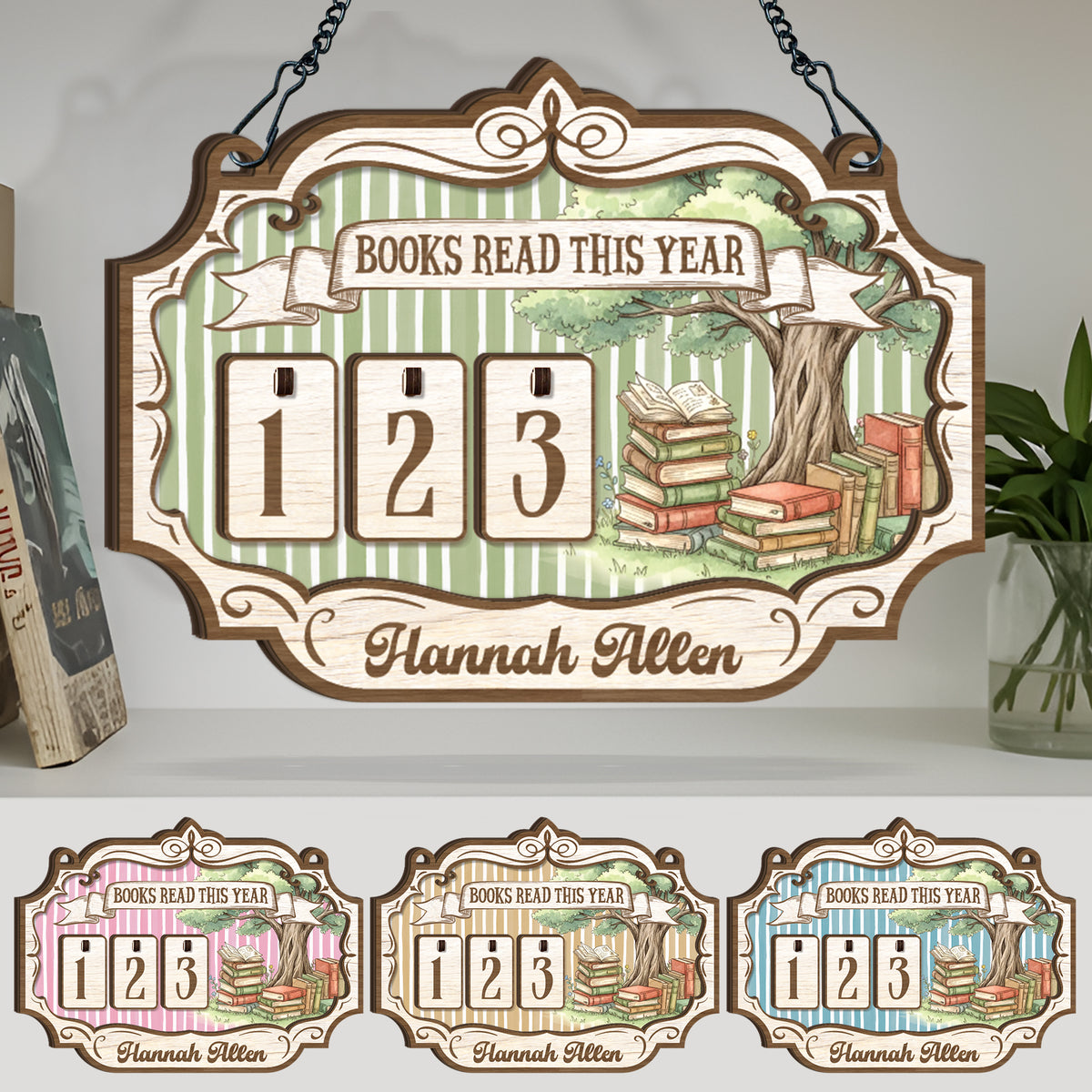 Custom Book Tracker Sign Personalized Pink Stripes Tree Books Read This Year Decor