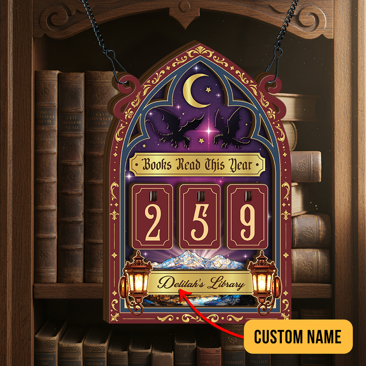 Custom Book Tracker Sign Personalized Crescent Moon Raven Books Read This Year Decor