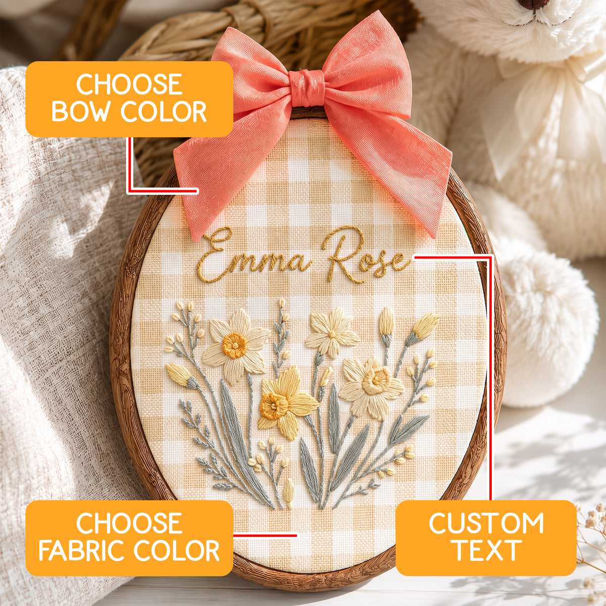 Personalized Yellow Daffodil Gingham Check Embroidery Hoop Art Nursery Decor Keepsake