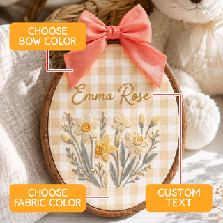 Personalized Yellow Daffodil Gingham Check Embroidery Hoop Art Nursery Decor Keepsake
