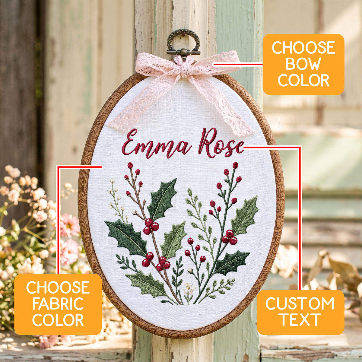 Personalized Baby Name Holly Berries Greenery Leaves Embroidery Hoop Art Nursery Keepsake