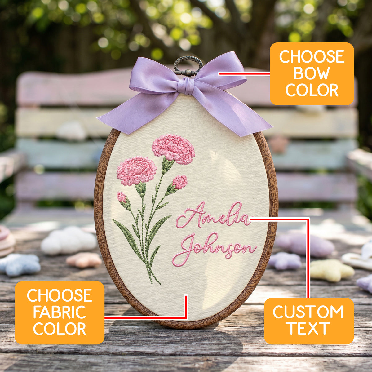 Personalized Baby Name Pink Carnations Floral Stems Embroidery Hoop Art Nursery Keepsake