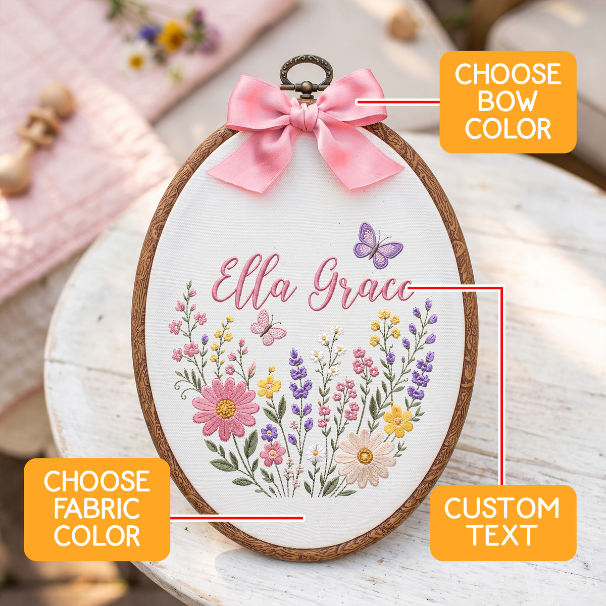 Personalized Baby Name Wildflowers Butterflies Embroidery Hoop Art Nursery Decor Keepsake