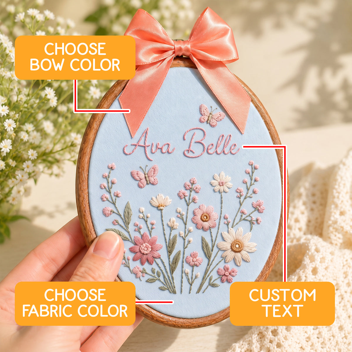 Personalized Blue Wildflowers Butterflies Embroidery Hoop Art Nursery Decor Keepsake