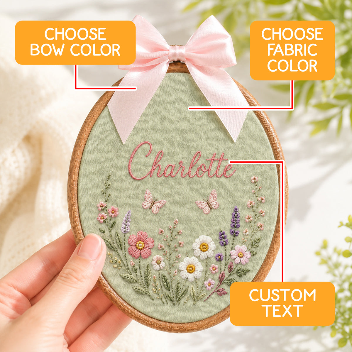 Personalized Sage Green Wildflowers Butterflies Embroidery Hoop Art Nursery Decor Keepsake