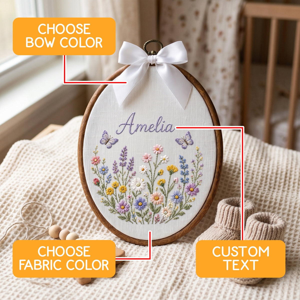 Personalized Baby Name Meadow Flowers Butterflies Embroidery Hoop Art Nursery Keepsake
