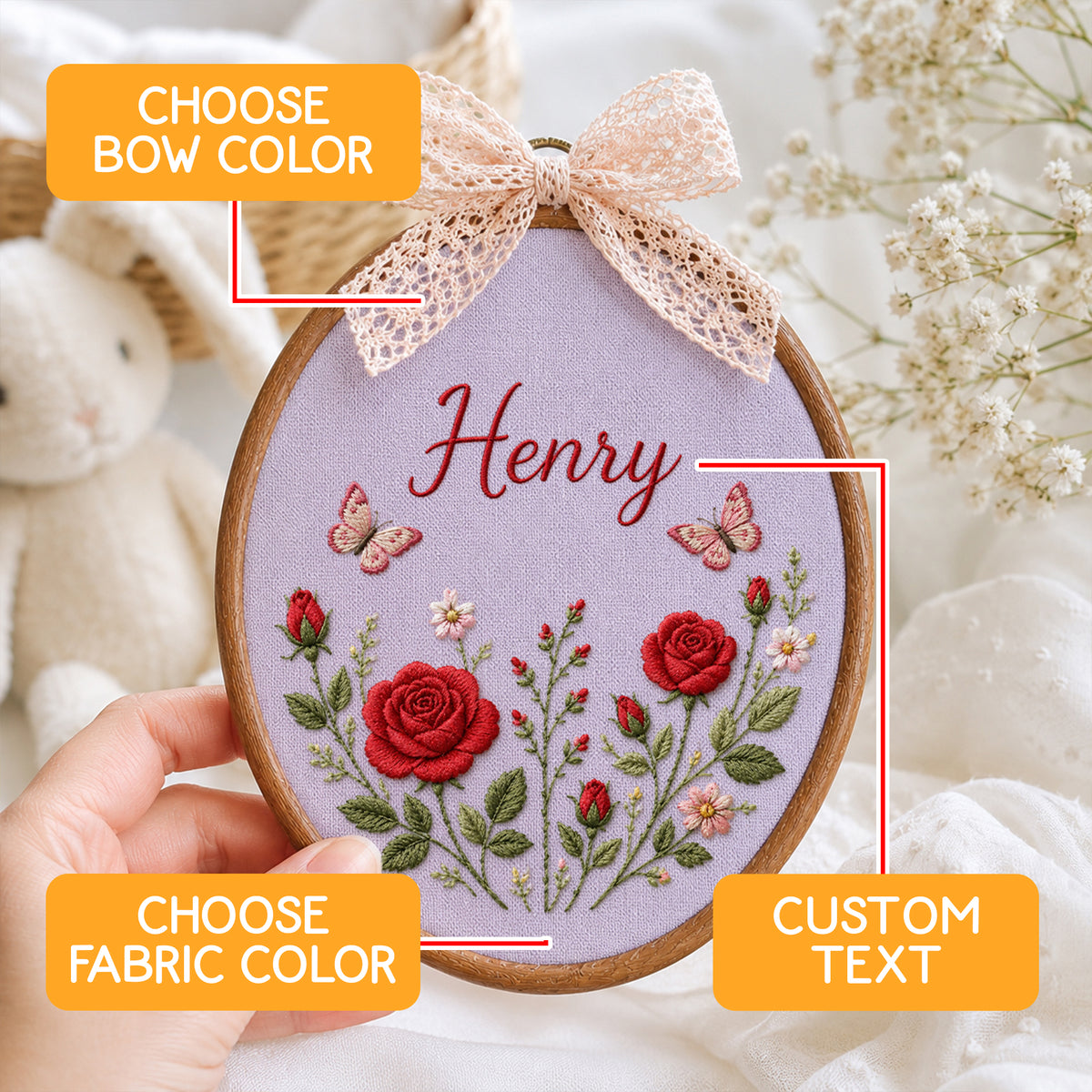 Personalized Baby Name Red Roses Butterflies Embroidery Hoop Art Nursery Decor Keepsake