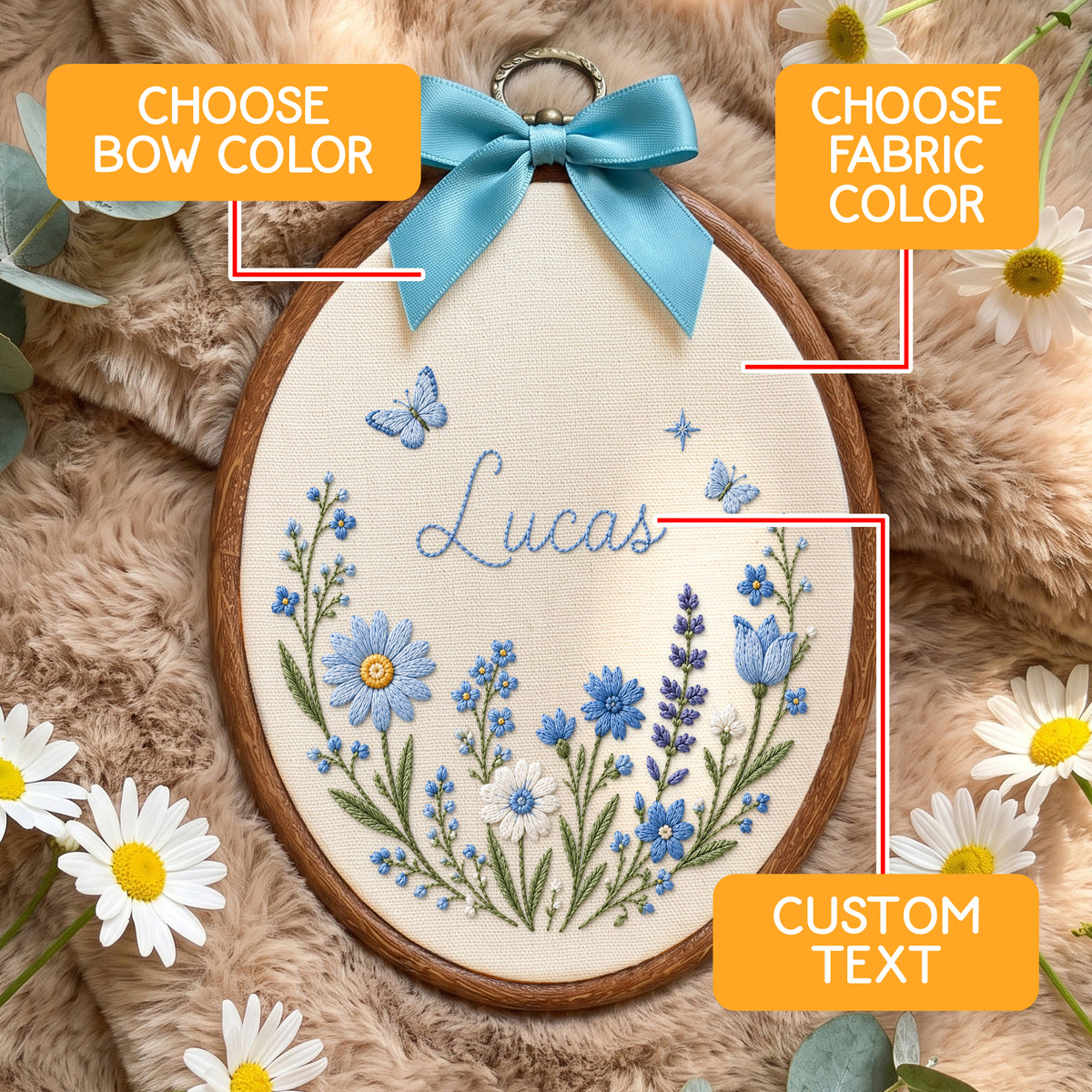 Personalized Baby Name Blue Floral Butterflies Embroidery Hoop Art Nursery Decor Keepsake