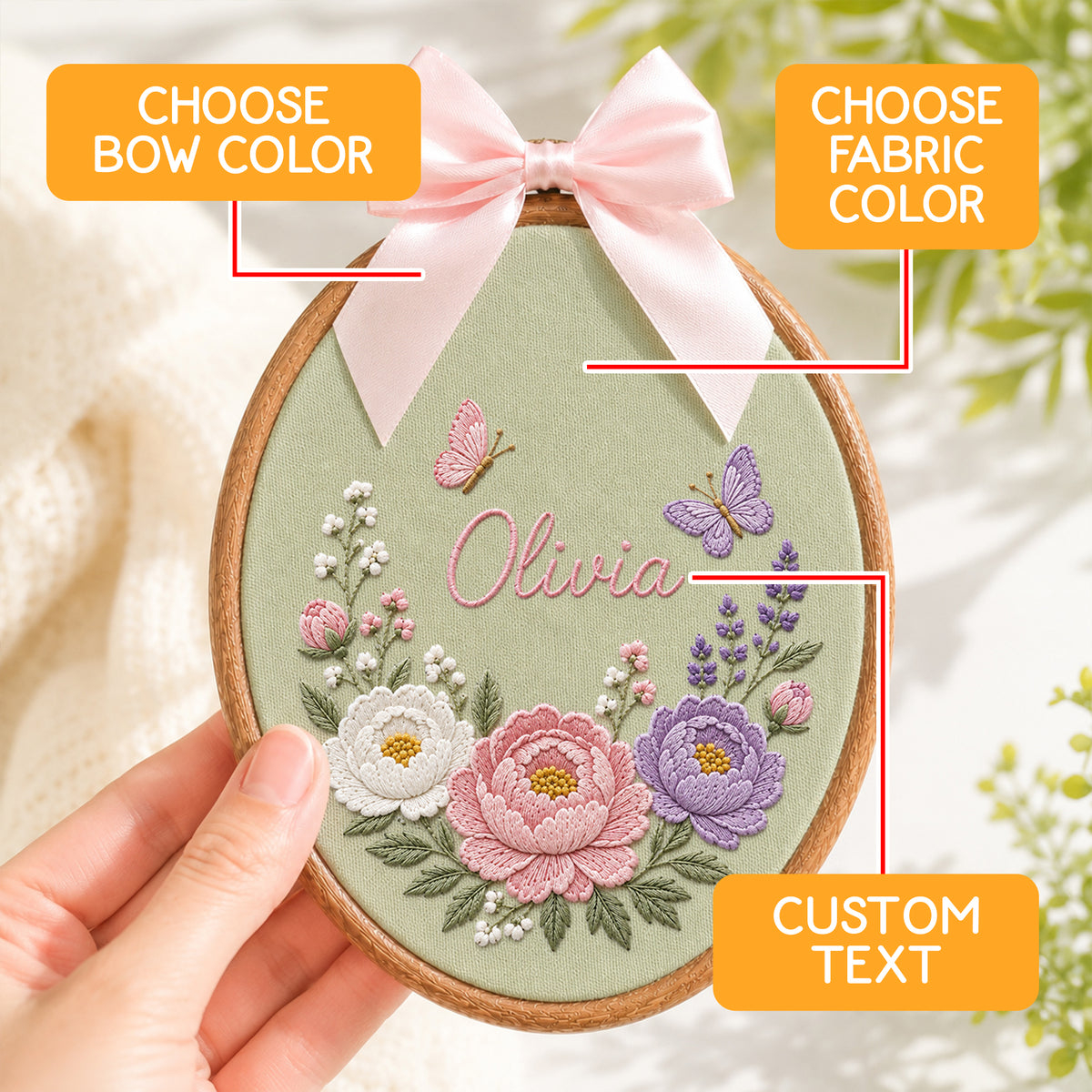 Personalized Baby Name Sage Green Floral Butterflies Embroidery Hoop Art Nursery Keepsake