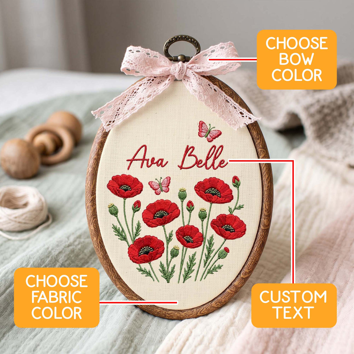 Personalized Baby Name Red Poppies Butterflies Embroidery Hoop Art Nursery Decor Keepsake