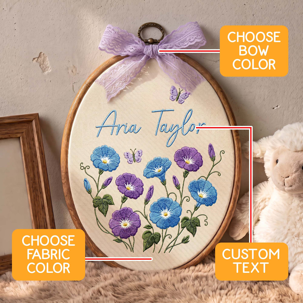 Custom Baby Name Morning Glory Butterflies Embroidery Hoop Art Nursery Decor Keepsake