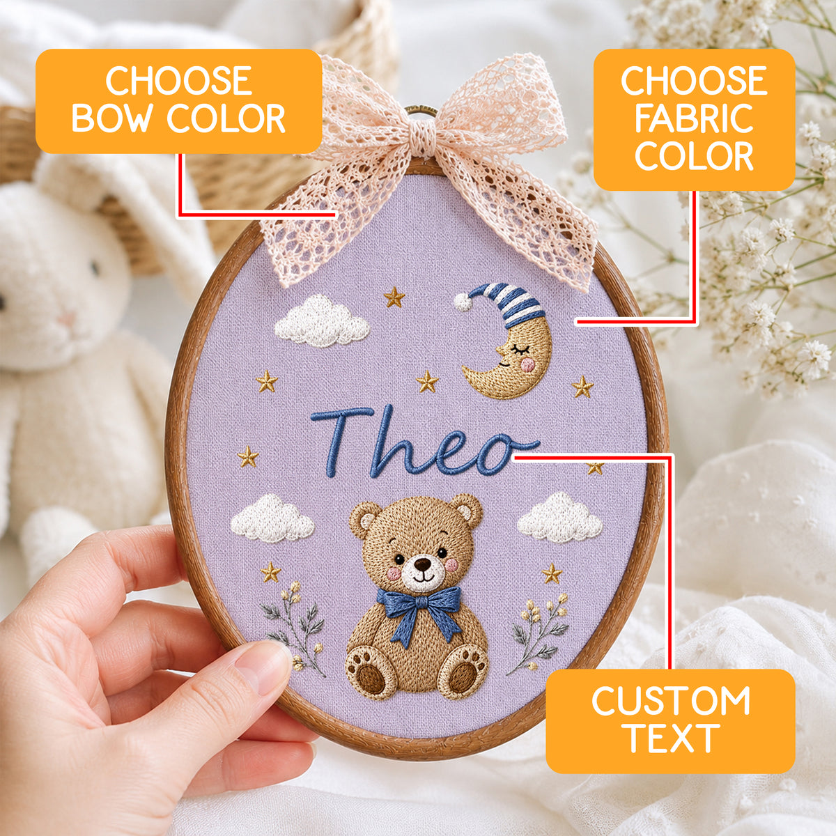 Purple Celestial Teddy Bear Moon Stars Embroidery Hoop Art Custom Nursery Keepsake