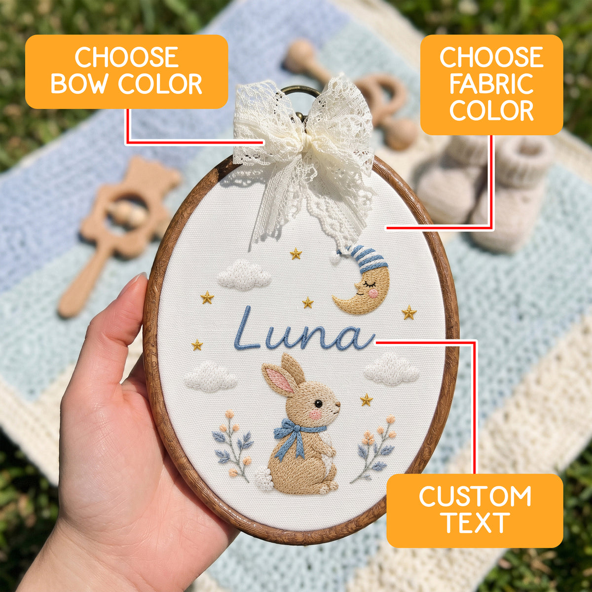 Custom Baby Name Celestial Bunny Moon Stars Embroidery Hoop Art Nursery Keepsake