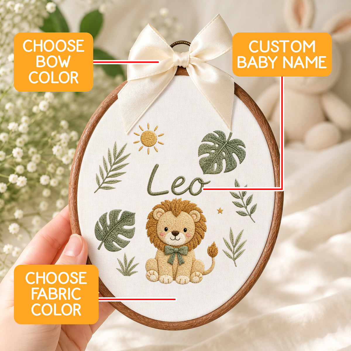 Personalized Baby Name Safari Lion Jungle Leaves Embroidery Hoop Art Nursery Keepsake