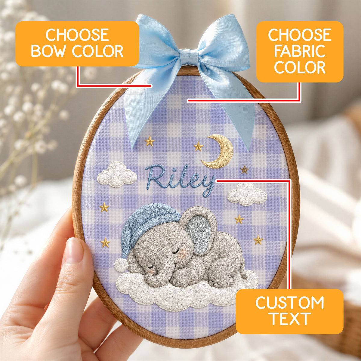 Custom Purple Gingham Elephant Sleepy Moon Stars Embroidery Hoop Art Nursery Keepsake