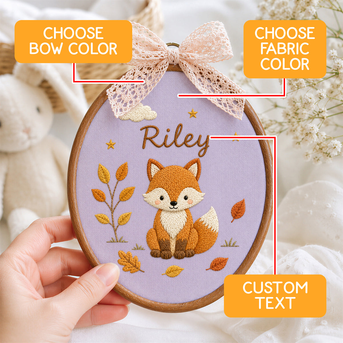 Personalized Purple Woodland Fox Autumn Leaves Embroidery Hoop Art Nursery Keepsake