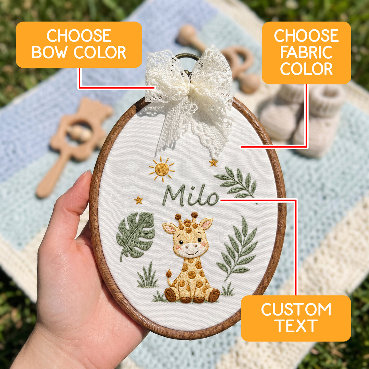 Custom Baby Name Safari Giraffe Jungle Leaves Embroidery Hoop Art Nursery Keepsake