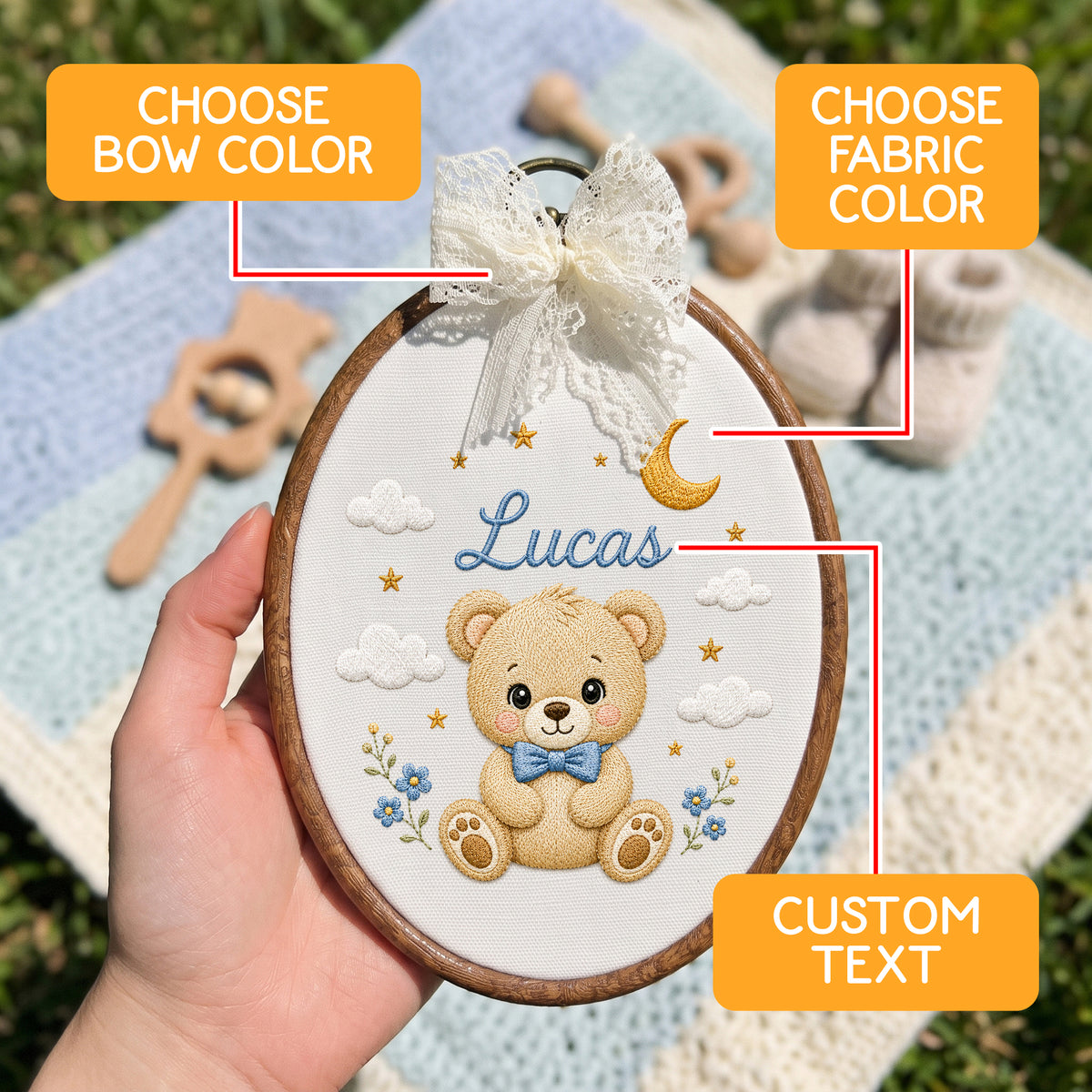 Custom Baby Name Celestial Teddy Bear Moon Stars Embroidery Hoop Art Nursery Keepsake