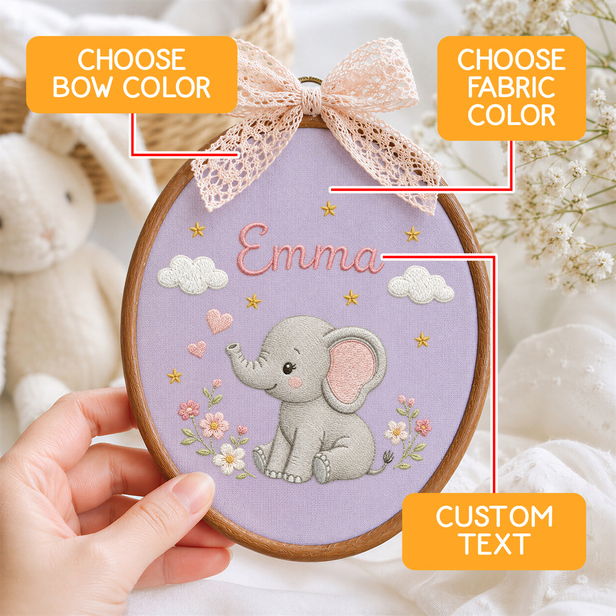 Personalized Purple Elephant Flowers Stars Embroidery Hoop Art Nursery Decor Keepsake