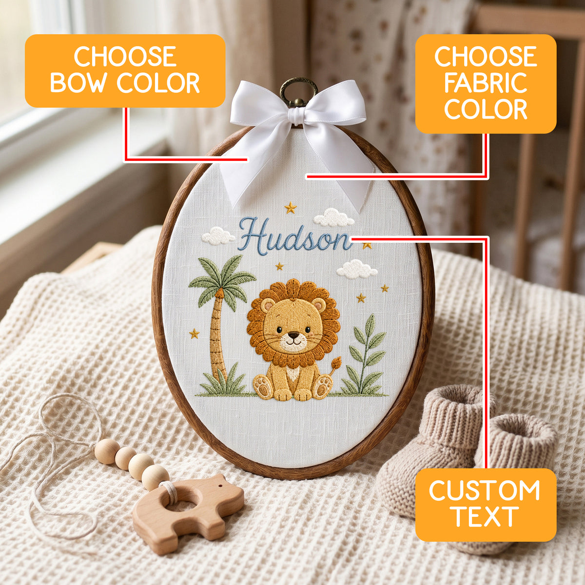 Personalized Baby Name Safari Lion Palm Tree Embroidery Hoop Art Nursery Decor Keepsake
