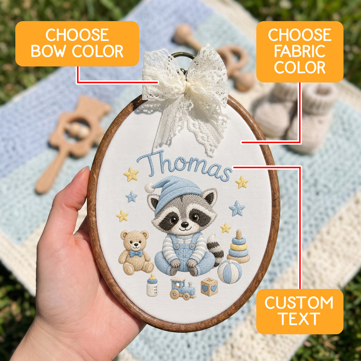 Personalized Baby Name Raccoon Toy Stack Stars Embroidery Hoop Art Nursery Decor Keepsake
