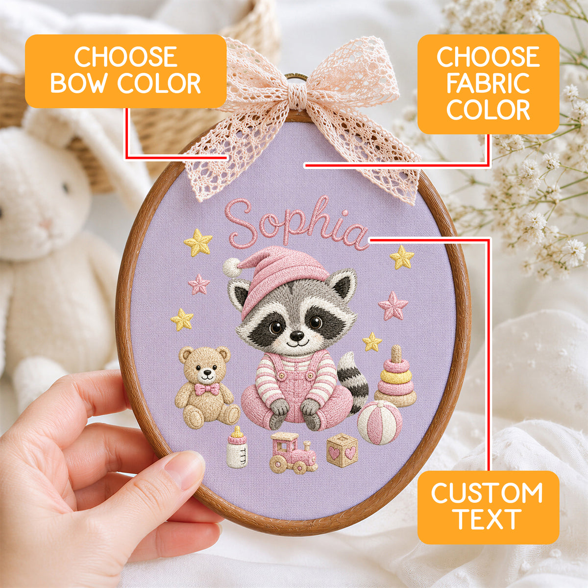 Personalized Purple Raccoon Toys Stars Embroidery Hoop Art Nursery Decor Keepsake