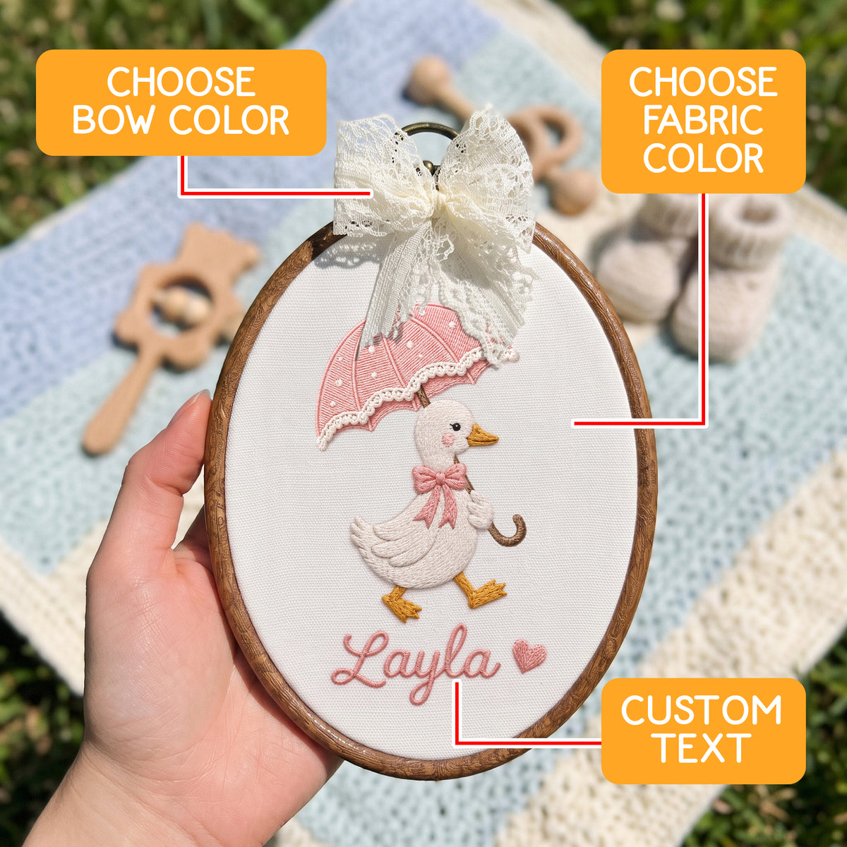 Personalized Baby Name Cute Duck Umbrella Heart Embroidery Hoop Art Nursery Decor Keepsake