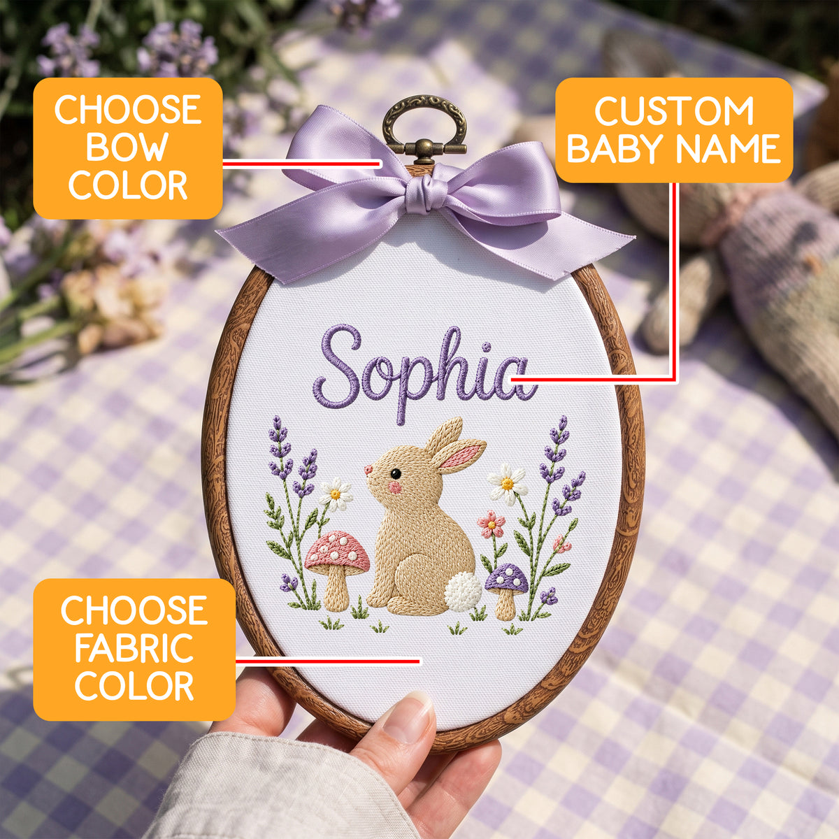 Custom Baby Name Bunny Mushrooms Lavender Flowers Embroidery Hoop Art Nursery Keepsake