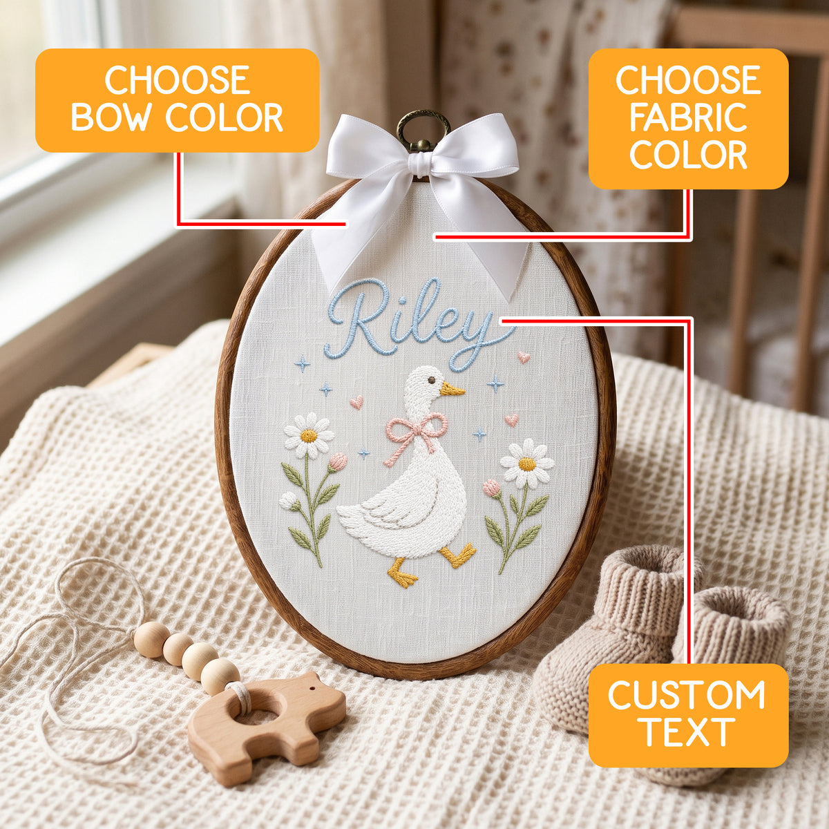 Custom Baby Name Goose Daisy Flowers Hearts Embroidery Hoop Art Nursery Decor Keepsake