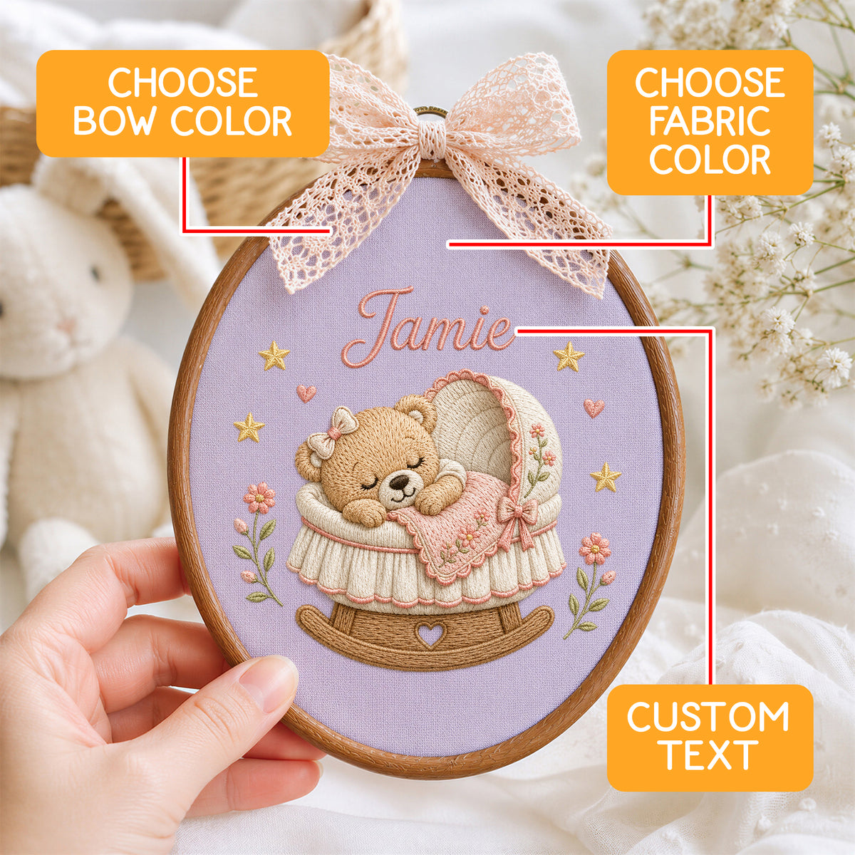 Custom Purple Sleeping Teddy Bear Bassinet Stars Embroidery Hoop Art Nursery Keepsake