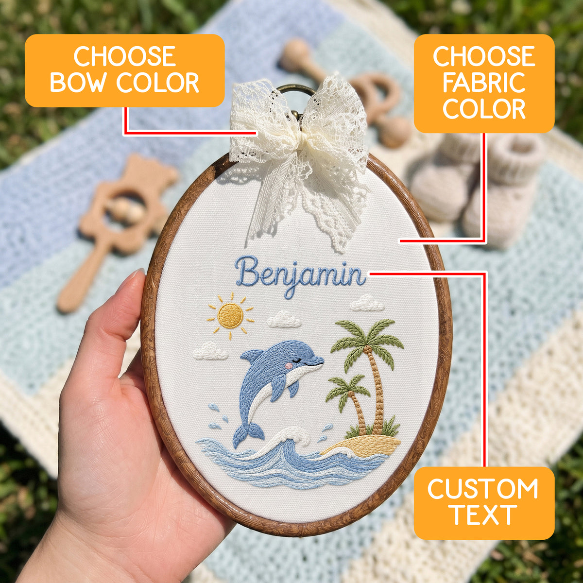 Custom Baby Name Dolphin Tropical Palm Trees Embroidery Hoop Art Nursery Decor Keepsake