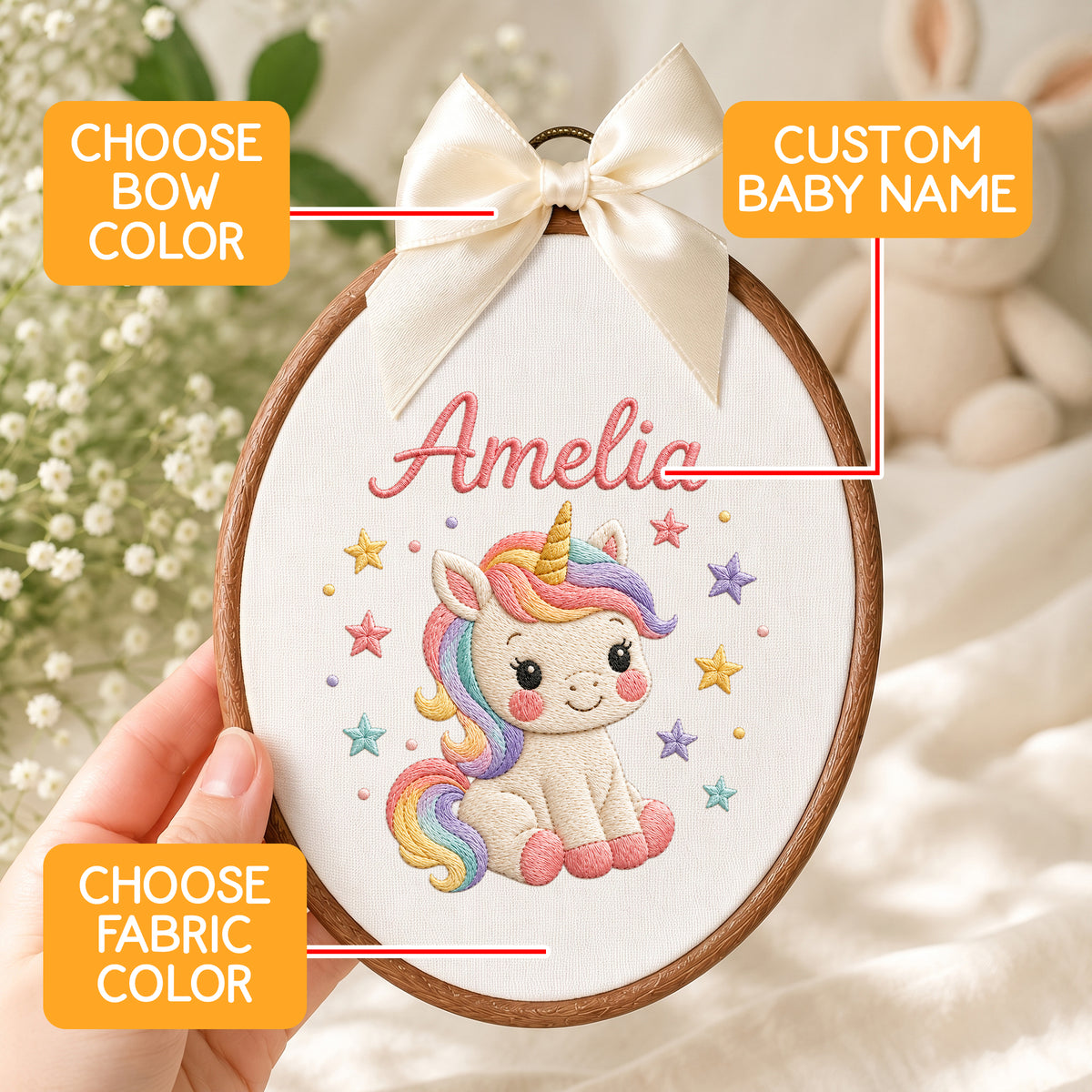 Personalized Baby Name Unicorn Rainbow Mane Stars Embroidery Hoop Art Nursery Keepsake