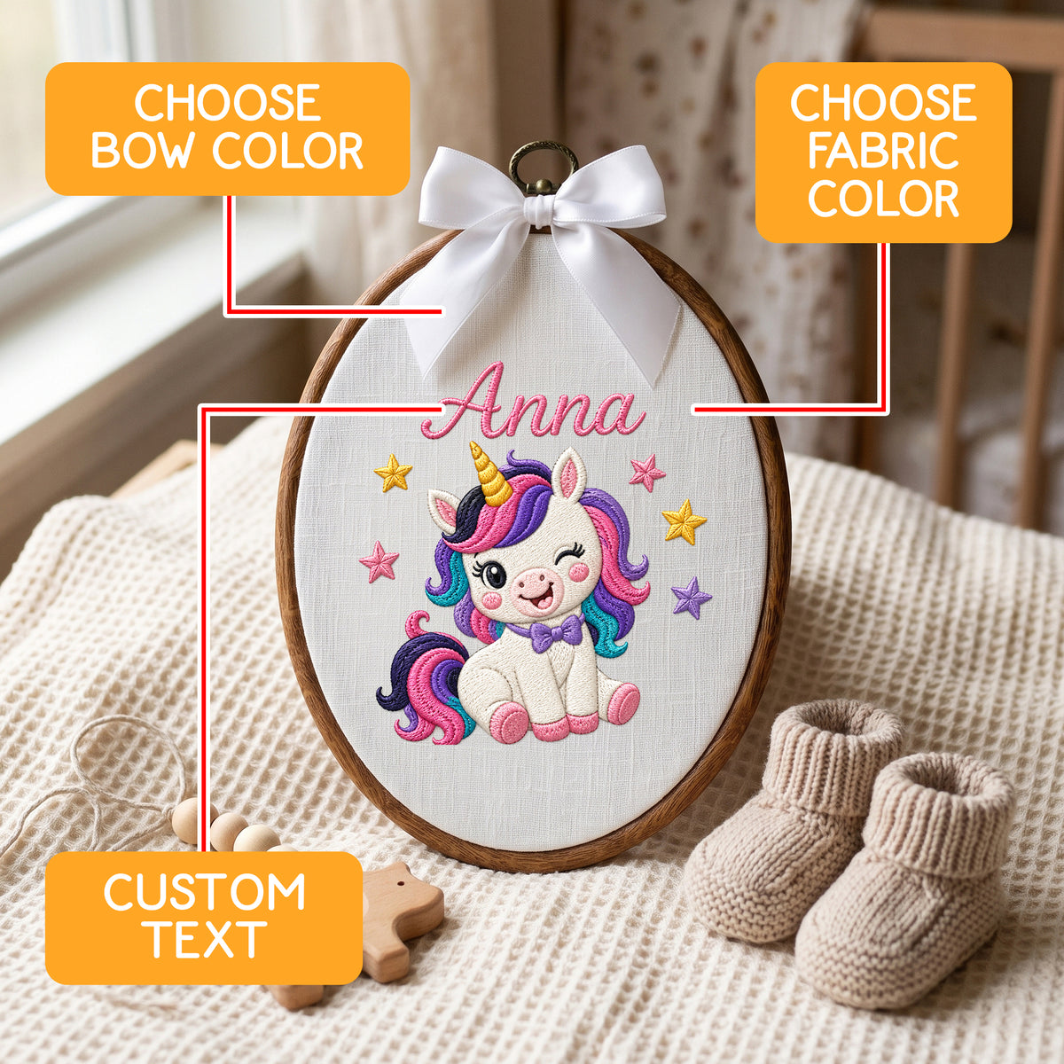 Custom Baby Name Winking Unicorn Stars Bow Embroidery Hoop Art Nursery Decor Keepsake