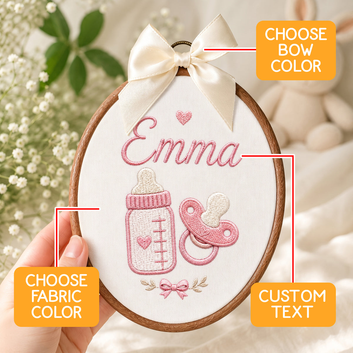 Personalized Baby Bottle Pacifier Embroidery Hoop Art Custom Nursery Decor Keepsake