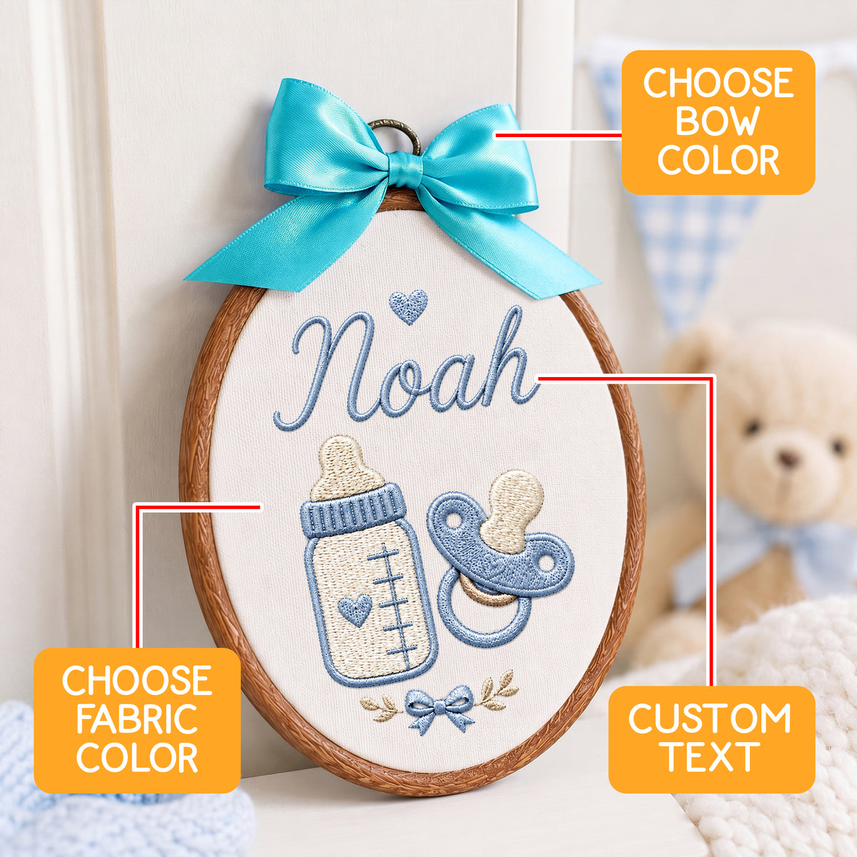 Handmade Baby Bottle Pacifier Embroidery Hoop Art Custom Nursery Wall Decor Keepsake