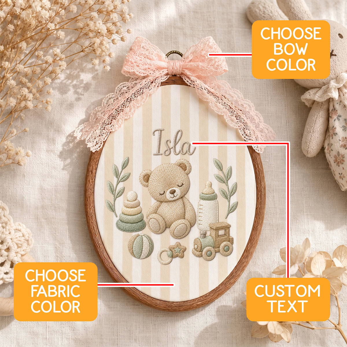Personalized Baby Name Teddy Bear Toys Embroidery Hoop Art Custom Nursery Decor Keepsake