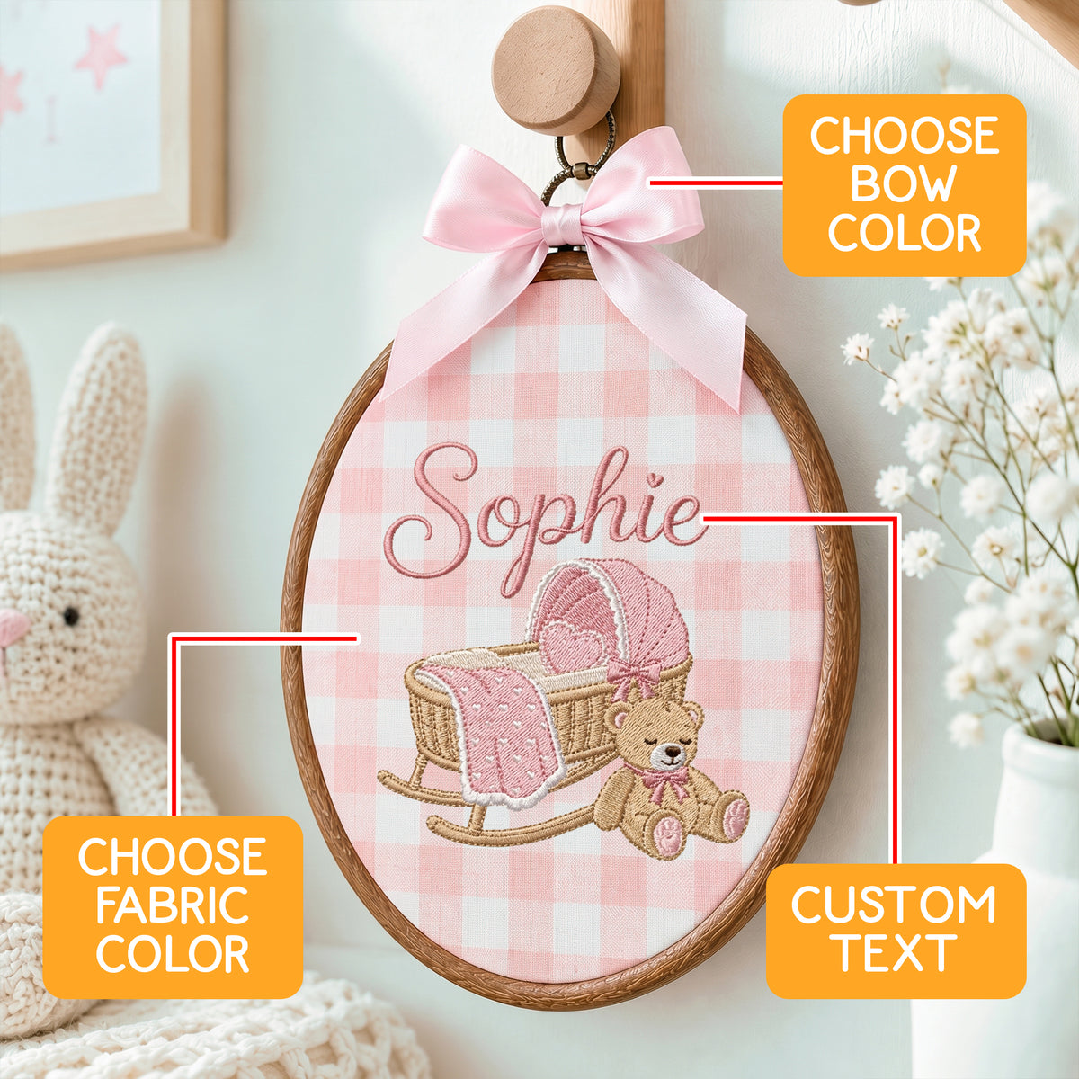 Personalized Baby Name Gingham Rocking Cradle Teddy Bear Embroidery Hoop Art Keepsake