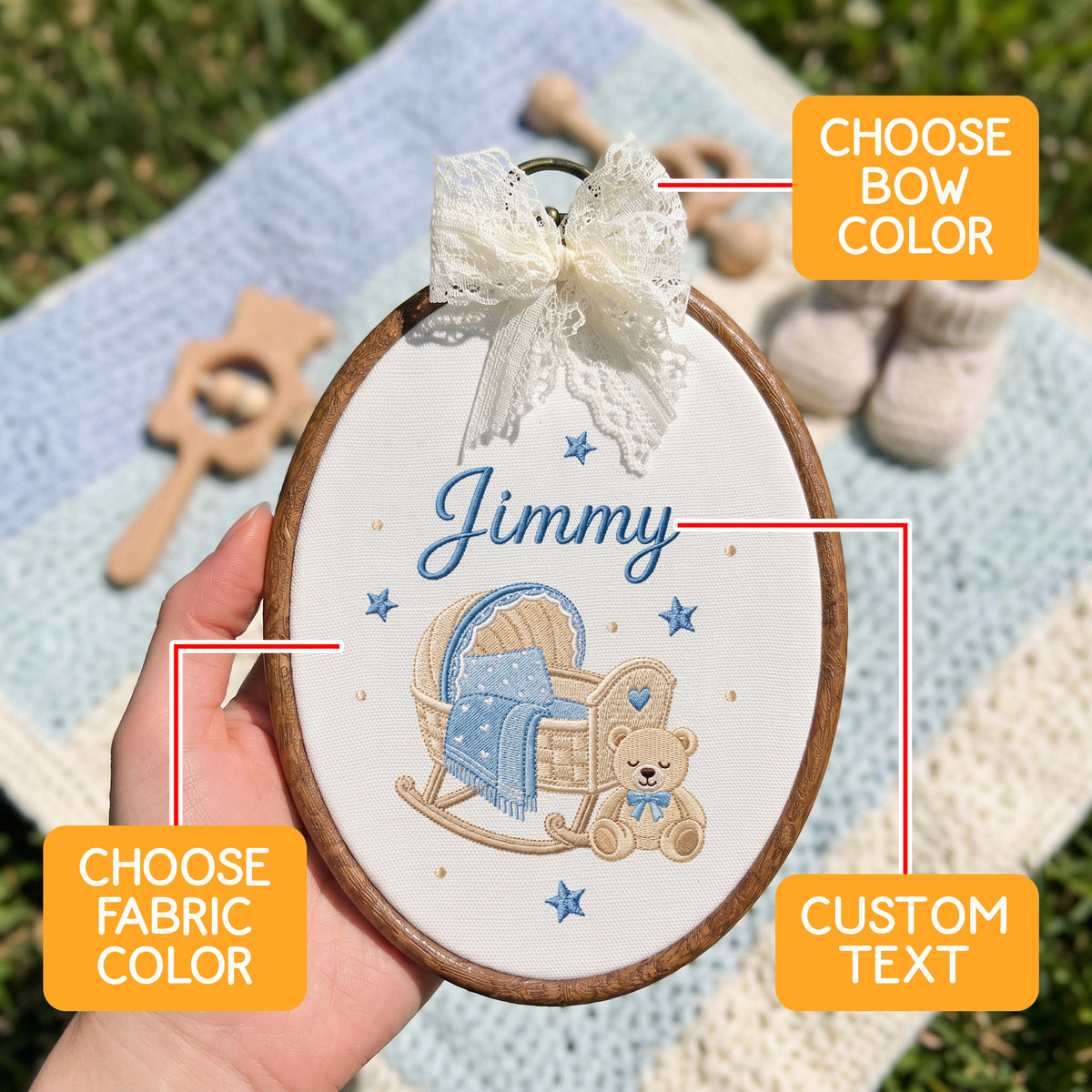 Handmade Baby Name Rocking Cradle Teddy Bear Embroidery Hoop Art Nursery Keepsake